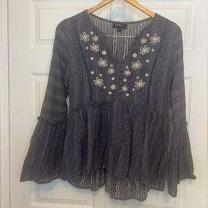 Anthropologie RD & koko Gauze Peasant Shirt Bell Sleeves Blue Cream Embroidered